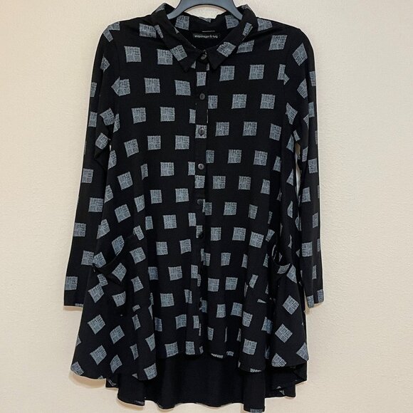 Snapdragon & Twig Collared Tunic Top Black Grid Squares Lagenlook Tunic Size S - Picture 1 of 15